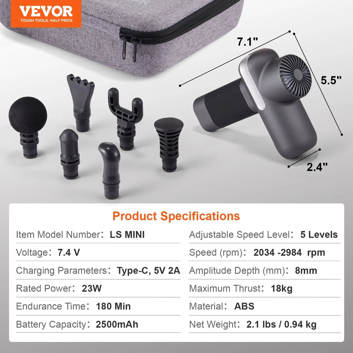 VEVOR Massage Gun Deep Tissue, Percussion Muscle Massager for Athletes - with 5 Speed Levels & 6 Massage Heads, 7.4V 2500mAh Batteries, Handheld Electric Massage Gun for Pain Relief, Muscle Relaxation - View 7