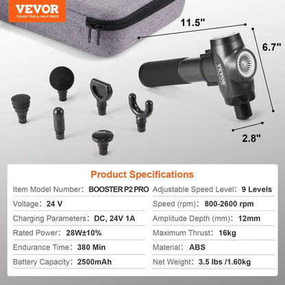 VEVOR Massage Gun Deep Tissue with 9 Speed Levels & 6 Massage Heads, 24V 2500mAh Batteries, Percussion Muscle Massager for Athletes, Handheld Electric Massage Gun for Pain Relief, Muscle Relaxation - View 7