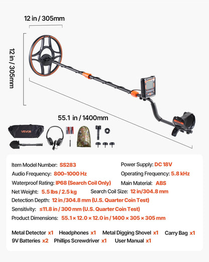 VEVOR Metal Detector for Adults, 12", Professional High Accuracy Gold Detector, IP68 Waterproof Search Coil with Display, Headphones, 6 Modes, Adjustable Length, for Detecting Gold Treasure Hunting - View 6