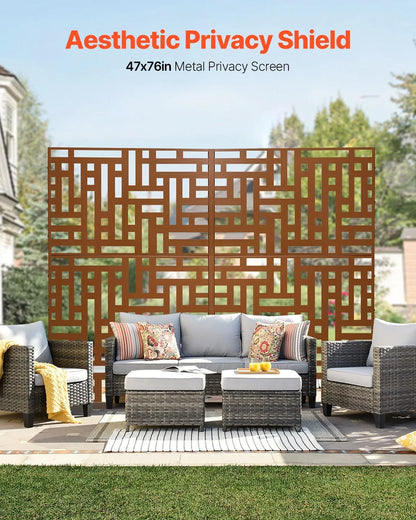 VEVOR Metal Privacy Screen, 47" W x 76" H, Outdoor Privacy Screens 3-Panel, Freestanding Outdoor Divider with Stand, Decorative Garden Steel Privacy Fence for Balcony Patio Indoor Room Hot Tub Brown