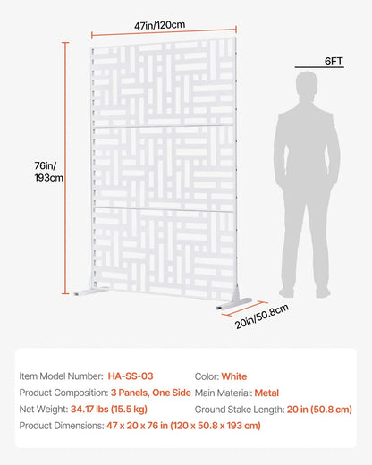 VEVOR Metal Privacy Screen, 47" W x 76" H Outdoor Privacy Screens 3-Panel, Freestanding Outdoor Divider with Stand, Decorative Garden Steel Privacy Fence for Balcony Patio Indoor Room Hot Tub White - View 6