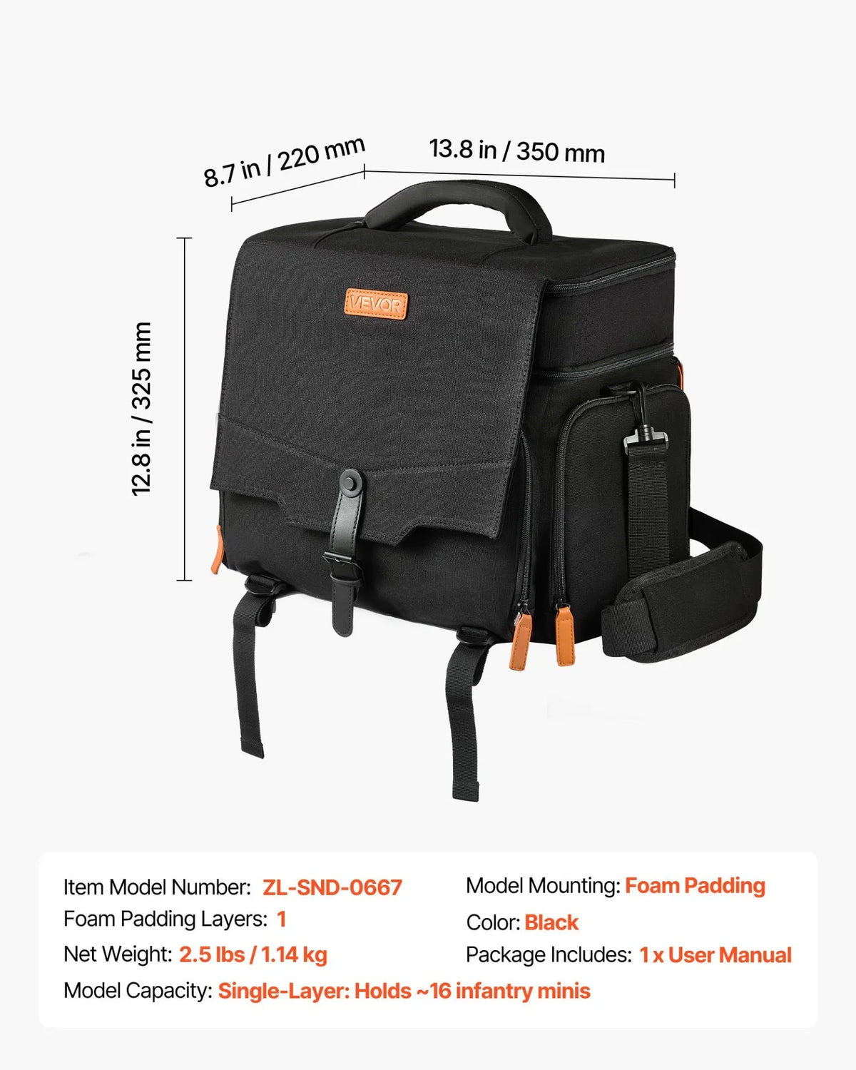 VEVOR Miniature Storage Carrying Figure Bag, Fits 16 Infantry Minis, Miniature Transport Bag with Handle & Adjustable Shoulder Strap, 1 Foam Layer for Large Storage Capacity (Minis Not Included) - View 6