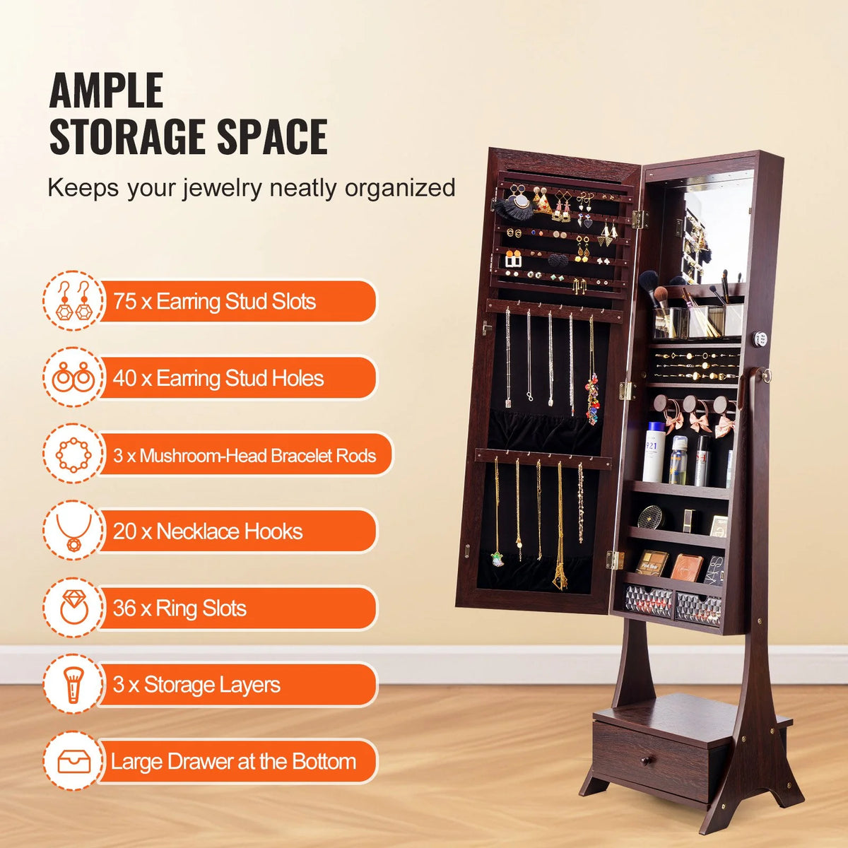 VEVOR Mirror Jewelry Cabinet Standing Mirror with Storage Full Length Brown - View 4