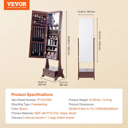 VEVOR Mirror Jewelry Cabinet Standing Mirror with Storage Full Length Brown - View 6