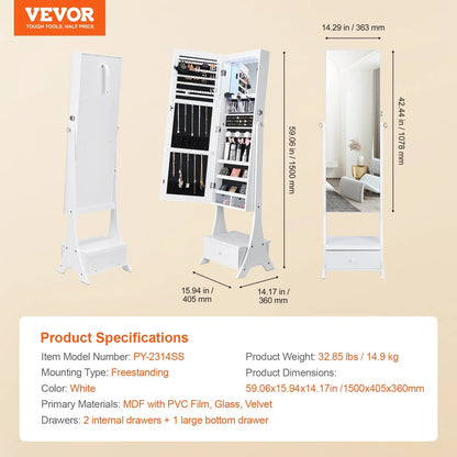 VEVOR Mirror Jewelry Cabinet Standing Mirror with Storage Full Length White - View 6