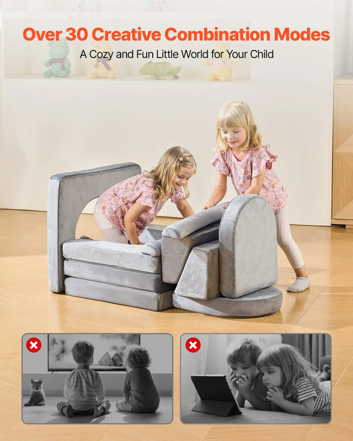 VEVOR Modular Kids Play Couch, Sectional Toddler Sofa with Armrests, 28D Sponge & Short Pile, Convertible Kids Modular Couch DIY Creative Combination for Playroom, Bedroom, Living Room, 10 Pcs, Gray