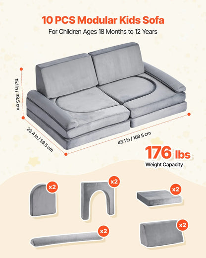 VEVOR Modular Kids Play Couch, Sectional Toddler Sofa with Armrests, 28D Sponge & Short Pile, Convertible Kids Modular Couch DIY Creative Combination for Playroom, Bedroom, Living Room, 10 Pcs, Gray - View 2