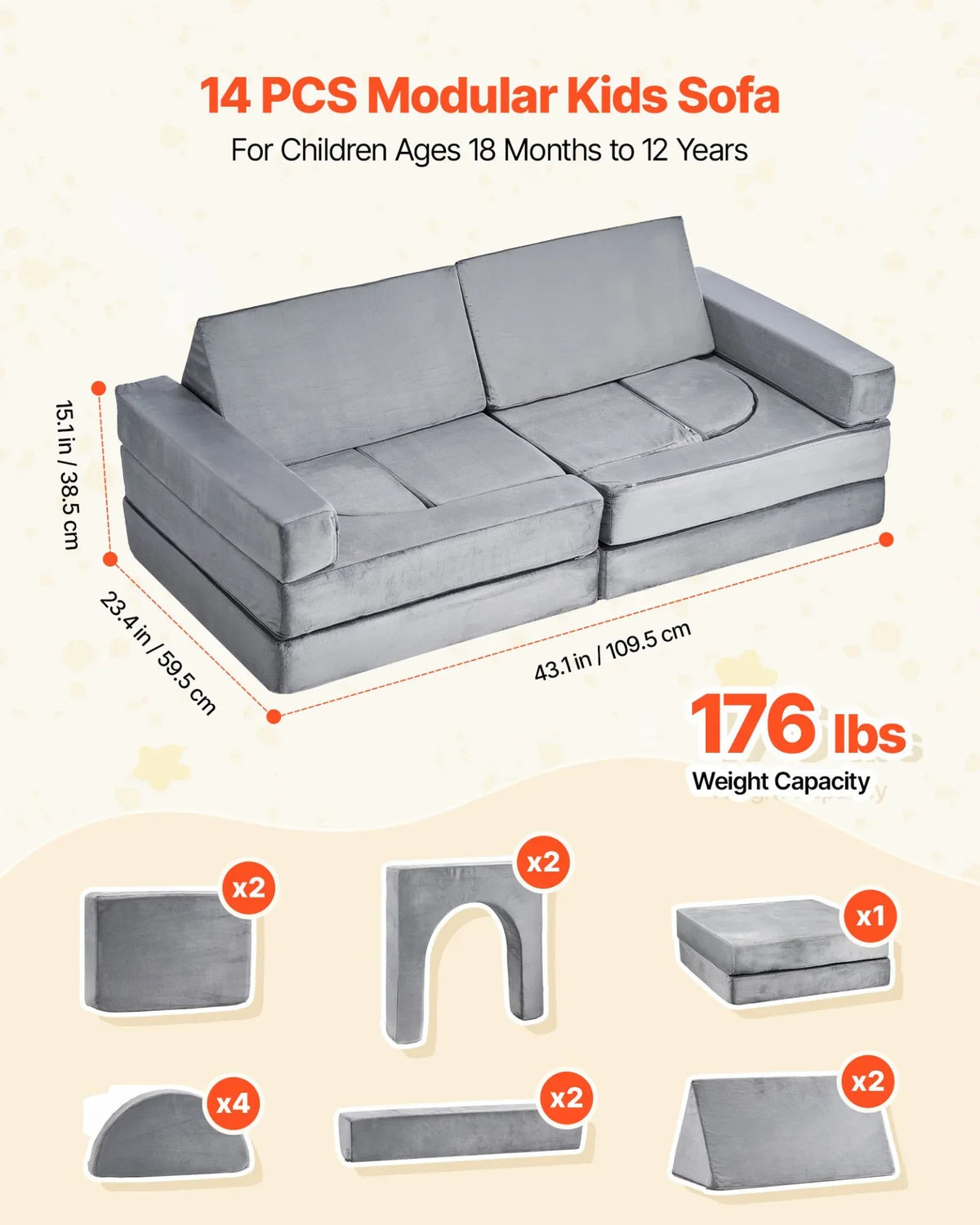 VEVOR Modular Kids Play Couch, Sectional Toddler Sofa with Armrests, 28D Sponge & Short Pile, Convertible Kids Modular Couch DIY Creative Combination for Playroom, Bedroom, Living Room, 14 Pcs, Gray - View 2