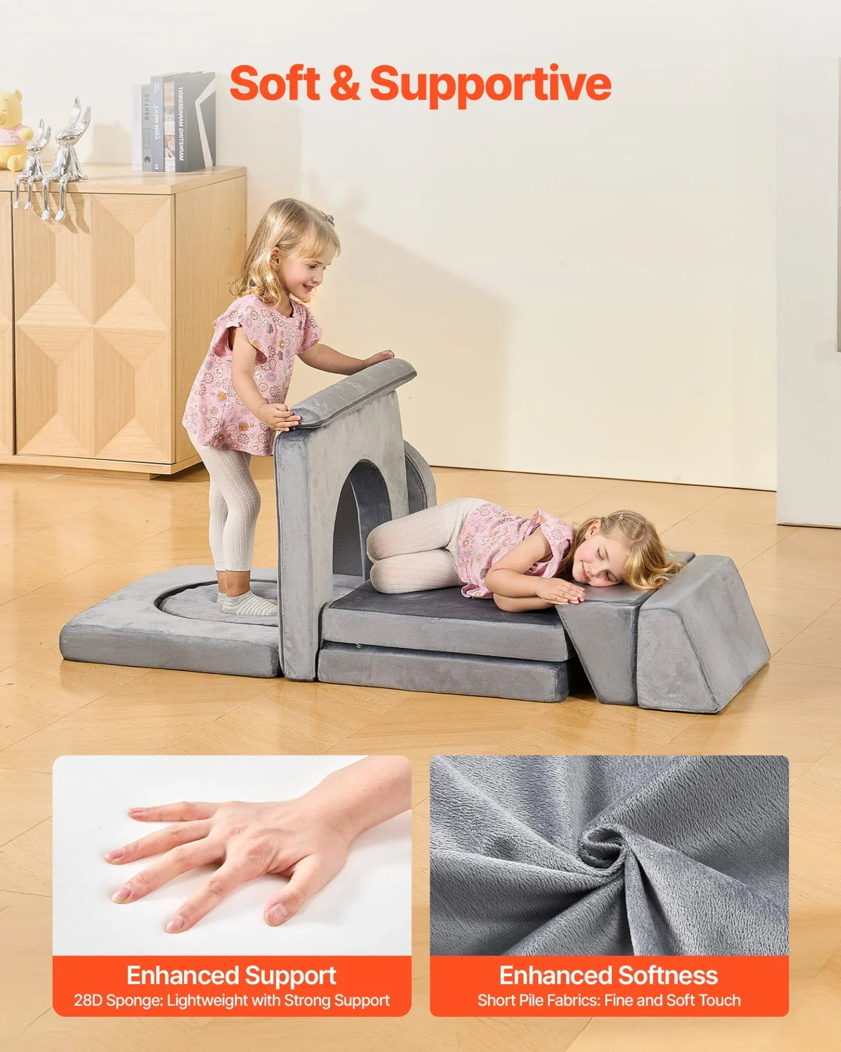 VEVOR Modular Kids Play Couch, Sectional Toddler Sofa with Armrests, 28D Sponge & Short Pile, Convertible Kids Modular Couch DIY Creative Combination for Playroom, Bedroom, Living Room, 10 Pcs, Gray - View 4