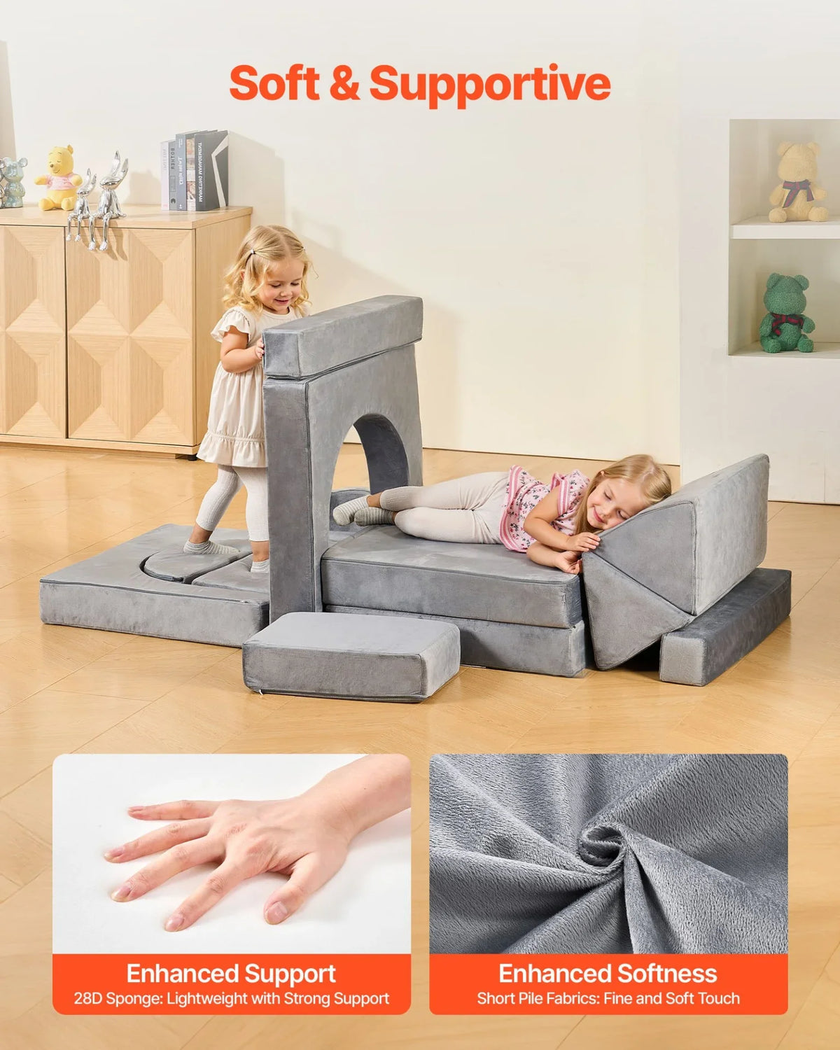 VEVOR Modular Kids Play Couch, Sectional Toddler Sofa with Armrests, 28D Sponge & Short Pile, Convertible Kids Modular Couch DIY Creative Combination for Playroom, Bedroom, Living Room, 14 Pcs, Gray - View 4