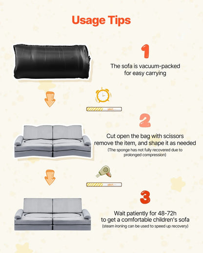 VEVOR Modular Kids Play Couch, Sectional Toddler Sofa with Armrests, 28D Sponge & Short Pile, Convertible Kids Modular Couch DIY Creative Combination for Playroom, Bedroom, Living Room, 10 Pcs, Gray - View 6