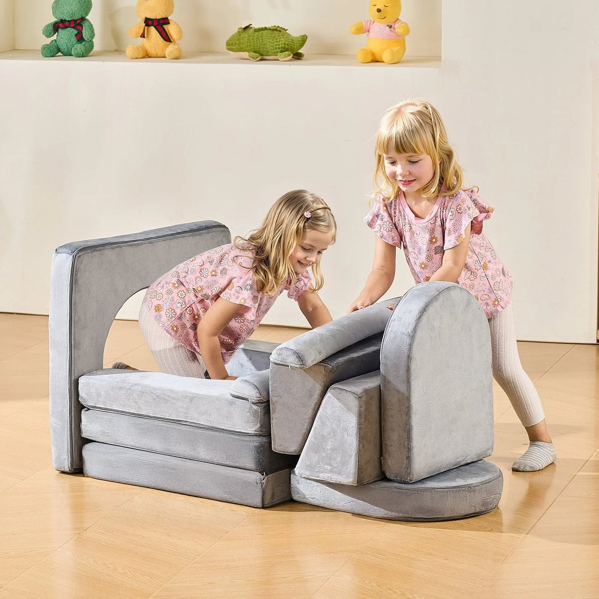 VEVOR Modular Kids Play Couch, Sectional Toddler Sofa with Armrests, 28D Sponge & Short Pile, Convertible Kids Modular Couch DIY Creative Combination for Playroom, Bedroom, Living Room, 10 Pcs, Gray - View 7