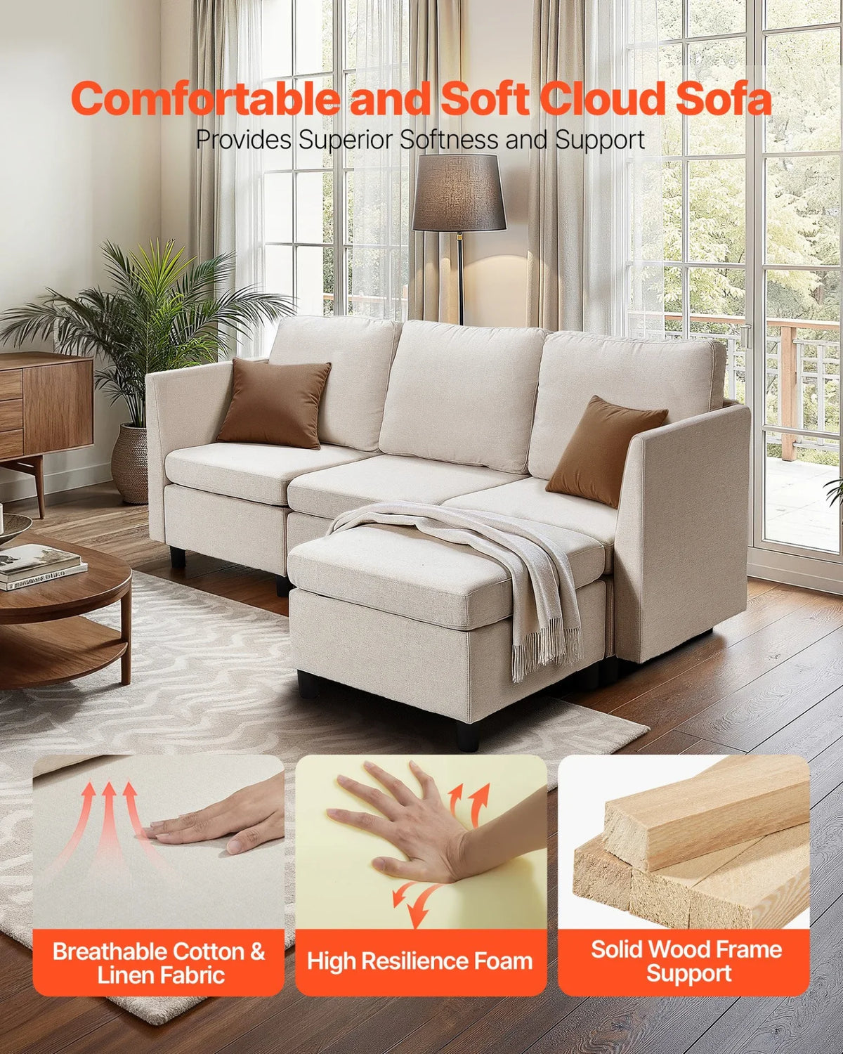 VEVOR Modular Sectional Sofa, 3-Seater Modular Sofa with Hidden Storage, Cloud Sectional Couch with Ottoman & High Rebound Sponge, Solid Wood Frame Upholstered Couch for Living Room, Bedroom, Beige