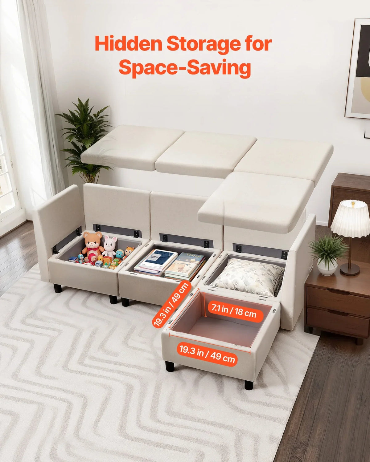 VEVOR Modular Sectional Sofa, 3-Seater Modular Sofa with Hidden Storage, Cloud Sectional Couch with Ottoman & High Rebound Sponge, Solid Wood Frame Upholstered Couch for Living Room, Bedroom, Beige - View 2