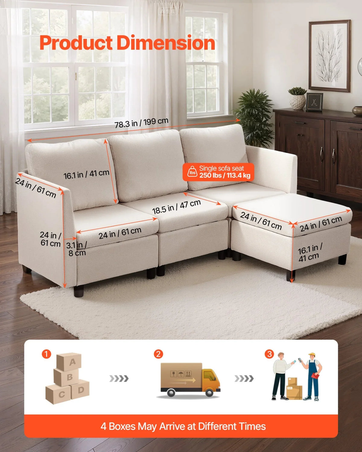 VEVOR Modular Sectional Sofa, 3-Seater Modular Sofa with Hidden Storage, Cloud Sectional Couch with Ottoman & High Rebound Sponge, Solid Wood Frame Upholstered Couch for Living Room, Bedroom, Beige - View 3