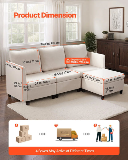 VEVOR Modular Sectional Sofa, 3-Seater Modular Sofa with Hidden Storage, Cloud Sectional Couch with Ottoman & High Rebound Sponge, Solid Wood Frame Upholstered Couch for Living Room, Bedroom, Beige - View 3