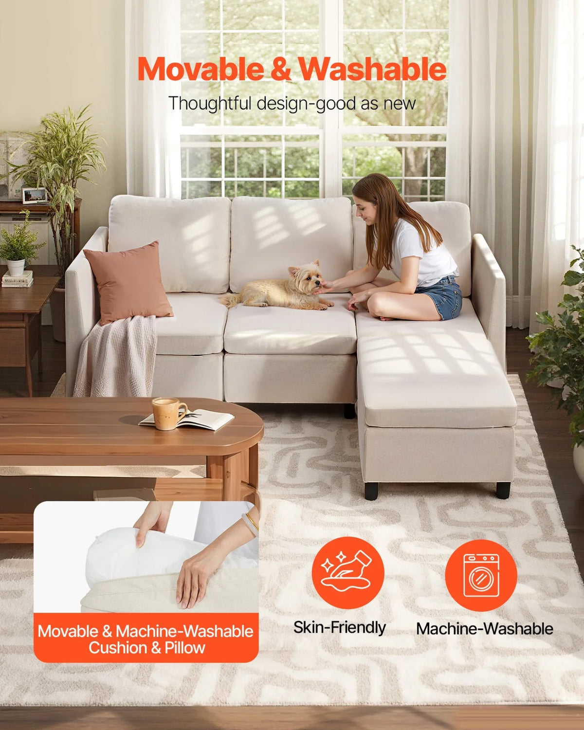 VEVOR Modular Sectional Sofa, 3-Seater Modular Sofa with Hidden Storage, Cloud Sectional Couch with Ottoman & High Rebound Sponge, Solid Wood Frame Upholstered Couch for Living Room, Bedroom, Beige - View 4
