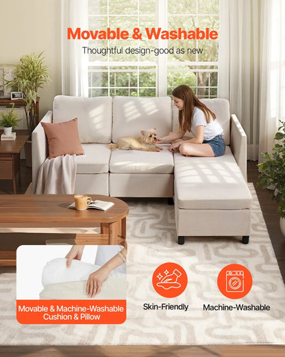 VEVOR Modular Sectional Sofa, 3-Seater Modular Sofa with Hidden Storage, Cloud Sectional Couch with Ottoman & High Rebound Sponge, Solid Wood Frame Upholstered Couch for Living Room, Bedroom, Beige - View 4