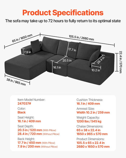 VEVOR Modular Sectional Sofa, L Shaped Modular Sofa with Chaise, Cloud Sectional Couch with High Rebound Sponge and Density, Upholstered Corduroy Couch with Cushion for Living Room, Bedroom, Black - View 6