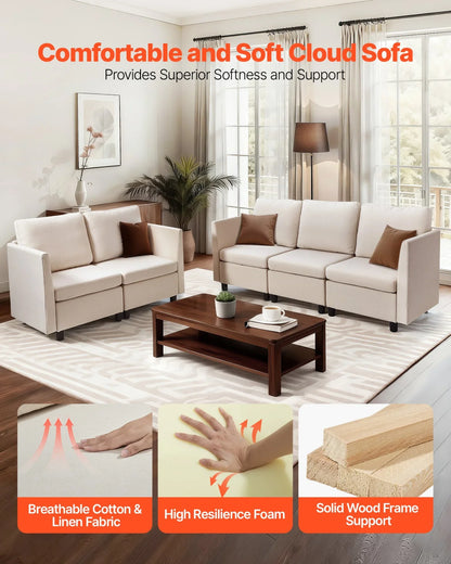 VEVOR Modular Sectional Sofa, Modern 5-Seater Modular Sofa with Hidden Storage, Cloud Sectional Couch with High Rebound Sponge, Solid Wood Frame Upholstered Comfy Couch for Living Room, Bedroom, Beige