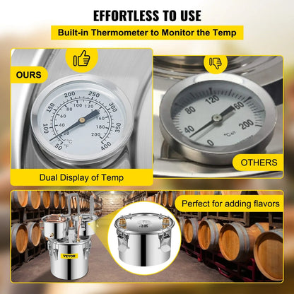 VEVOR Moonshine Still Distiller 3Gal 12L Stainless Steel Water Distiller Copper Tube with Circulating Pump Home Brewing Kit Build-in Thermometer for DIY Whisky Wine Brandy Spirits - View 4