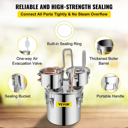 VEVOR Moonshine Still Distiller 3Gal 12L Stainless Steel Water Distiller Copper Tube with Circulating Pump Home Brewing Kit Build-in Thermometer for DIY Whisky Wine Brandy Spirits - View 5