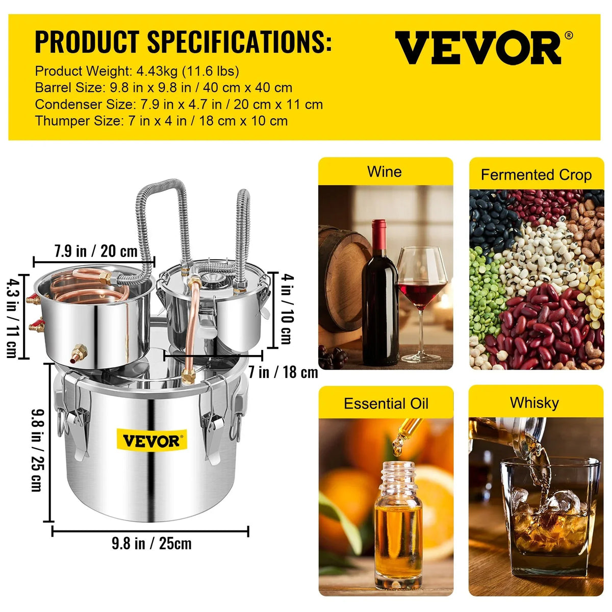 VEVOR Moonshine Still Distiller 3Gal 12L Stainless Steel Water Distiller Copper Tube with Circulating Pump Home Brewing Kit Build-in Thermometer for DIY Whisky Wine Brandy Spirits - View 6