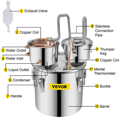 VEVOR Moonshine Still Stainless Steel Water Alcohol Distiller Copper Tube With Circulating Pump Home Brewing Kit Build-in Thermometer for DIY Whisky Wine Brandy Spirits - View 9