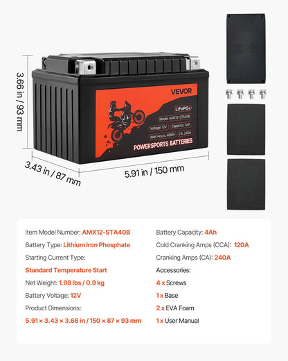 VEVOR Motorcycle Battery, 12 Volt 4Ah, LiFePO4 Lithium Pre-Charged Powersports Battery, Maintenance Free & High Performance, Compatible with ATV, Motorcycle, Jet Skis, Scooter, UTV, and More - View 6