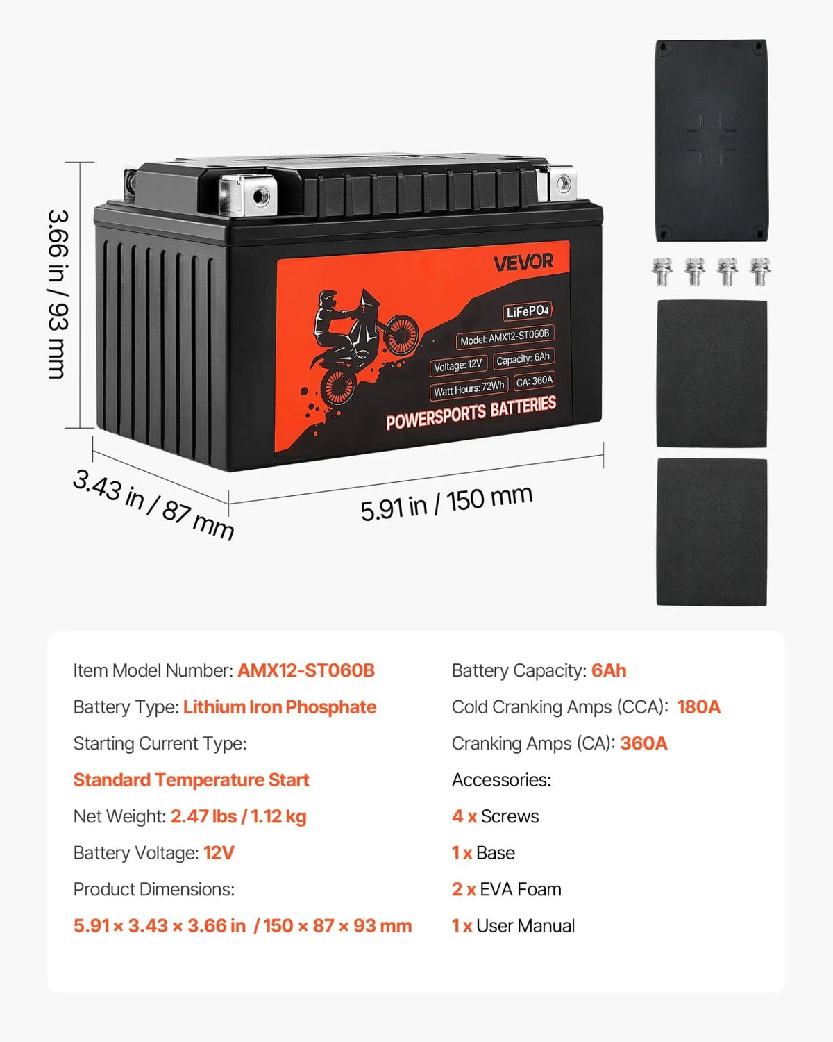 VEVOR Motorcycle Battery, 12 Volt 6Ah, LiFePO4 Lithium Pre-Charged Powersports Battery, Maintenance Free & High Performance, Compatible with ATV, Motorcycle, Jet Skis, Scooter, UTV, and More - View 6