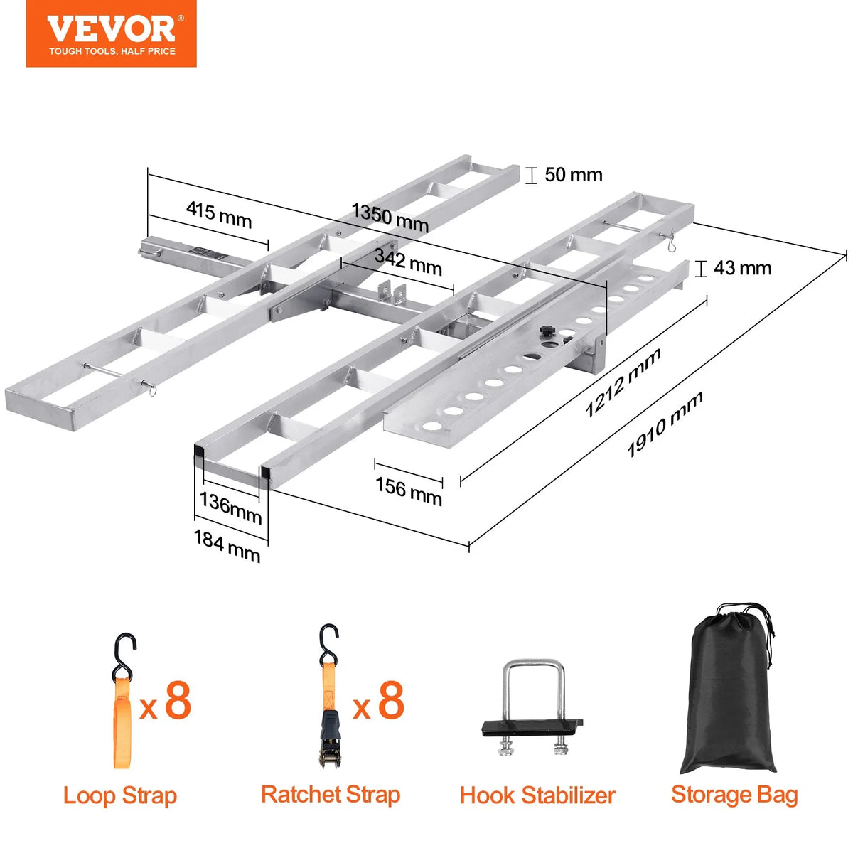 VEVOR Motorcycle Carrier, 2-Bike 600 LBS Aluminum Motorcycle Carrier Hitch Mount, Loading Ramp, Scooter Dirt Bike Trailer Hauler, Ratchet Straps and Stabilizer, for Car, Truck with 2" Hitch Receiver - View 6
