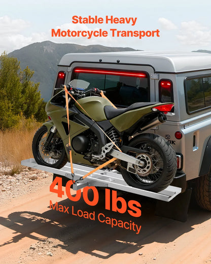 VEVOR Motorcycle Carrier, 400 lbs Capacity, Heavy Duty Aluminum Hitch Mount Rack with 73in Loading Ramp, Straps & Stabilizer, Scooter Dirt Bike Trailer Hauler for Car Truck with 2-Inch Hitch Receiver