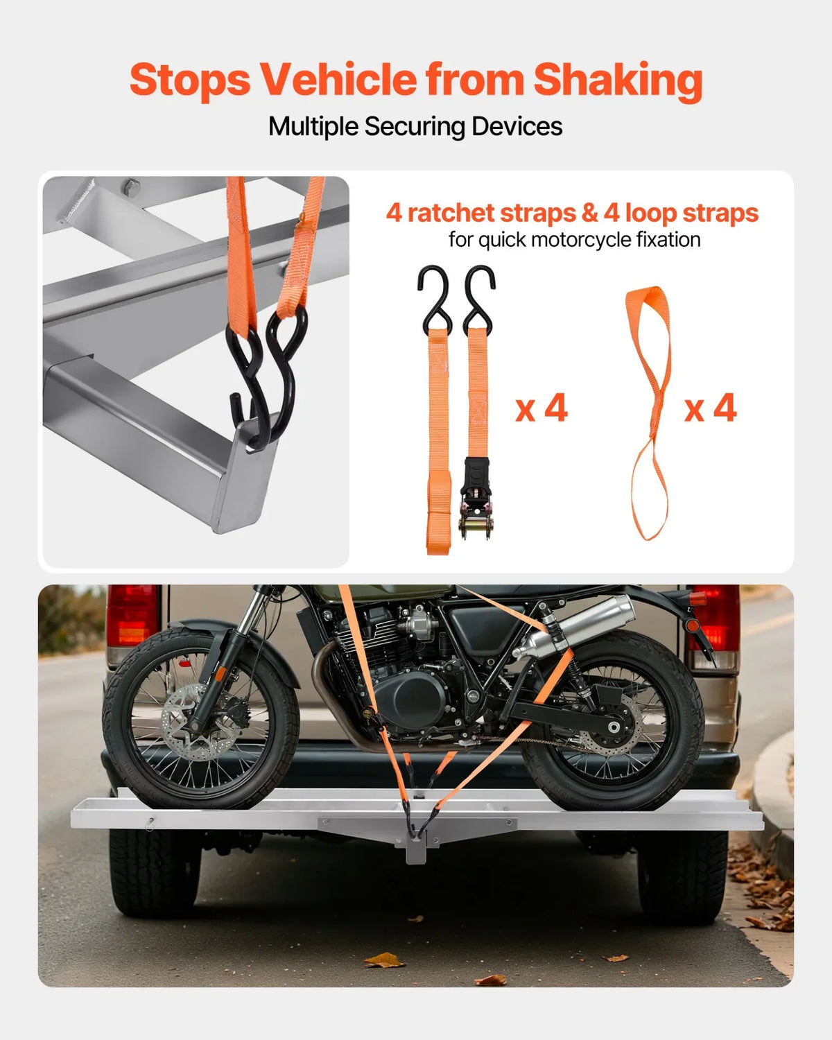 VEVOR Motorcycle Carrier, 400 lbs Capacity, Heavy Duty Aluminum Hitch Mount Rack with 73in Loading Ramp, Straps & Stabilizer, Scooter Dirt Bike Trailer Hauler for Car Truck with 2-Inch Hitch Receiver - View 4