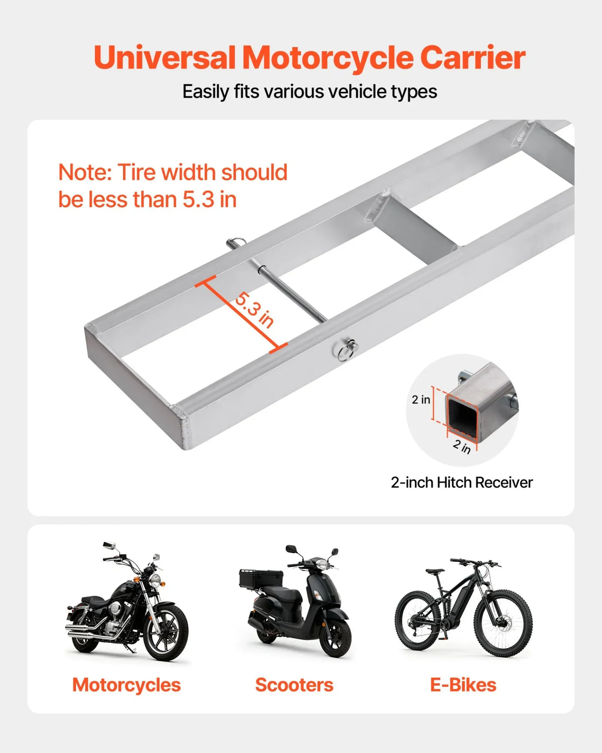 VEVOR Motorcycle Carrier, 400 lbs Capacity, Heavy Duty Aluminum Hitch Mount Rack with 73in Loading Ramp, Straps & Stabilizer, Scooter Dirt Bike Trailer Hauler for Car Truck with 2-Inch Hitch Receiver - View 5