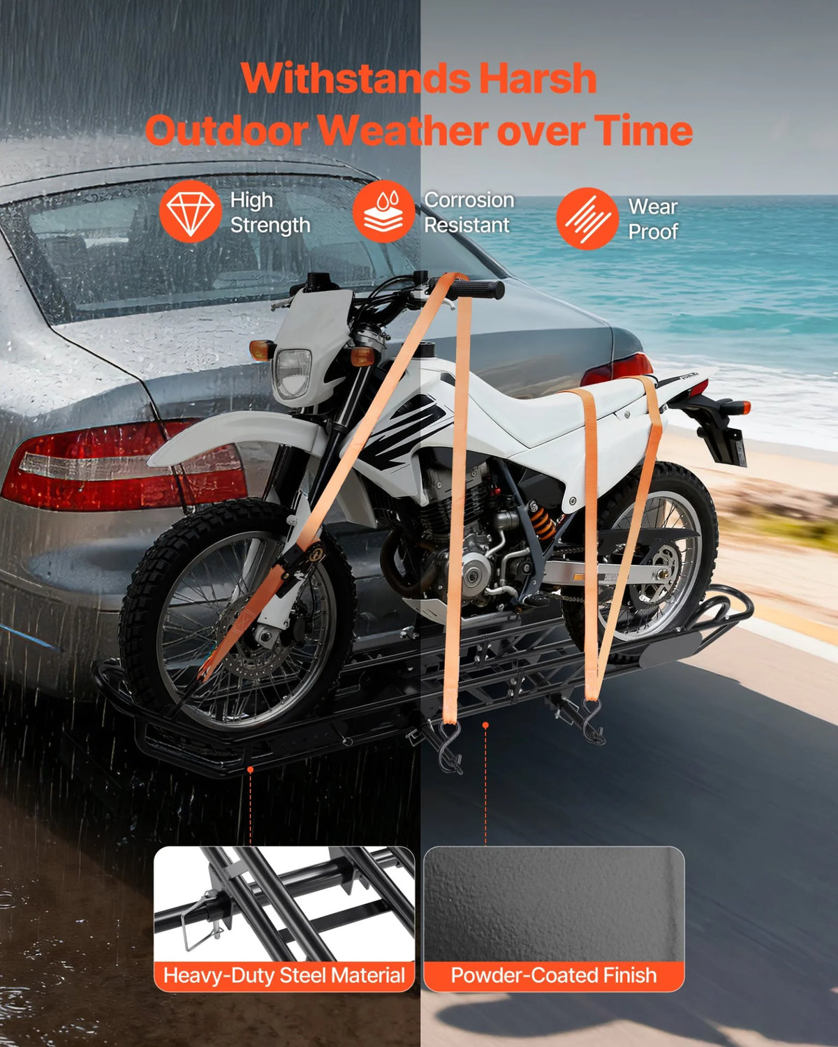 VEVOR Motorcycle Carrier, 500 lbs Capacity, Heavy Duty Steel Hitch Mount Rack with Anti-Tilt Lock Device, Straps & Stabilizer, Scooter Dirt Bike Trailer Hauler for Car Truck with 2-Inch Hitch Receiver - View 2