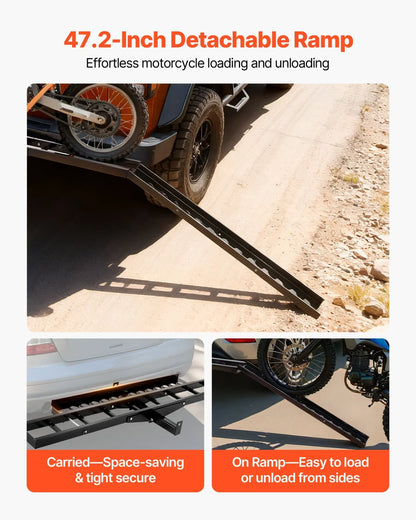 VEVOR Motorcycle Carrier, 500 lbs Capacity, Heavy Duty Steel Hitch Mount Rack with 47in Ramp, Ratchet Straps & Stabilizer, Scooter Dirt Bike Trailer Hauler for Car Truck with 2-Inch Hitch Receiver - View 3