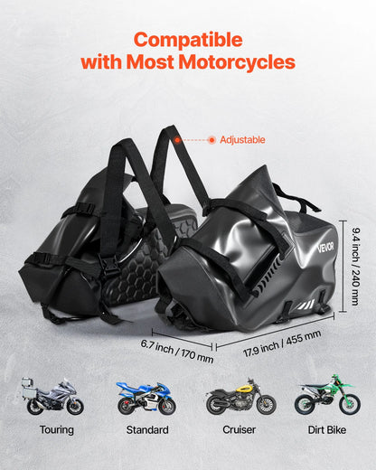 VEVOR Motorcycle Saddlebags, 28 L (14 L x 2) Large Capacity Side Saddle Bags Compatible with Most Motorcycles, Waterproof Outdoor Sports Motorbike Luggage Storage Shoulder Bag with Bottom Strap, Black