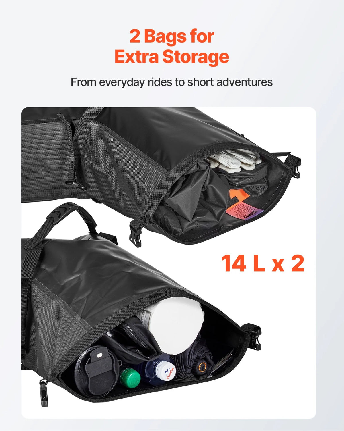 VEVOR Motorcycle Saddlebags, 28 L (14 L x 2) Large Capacity Side Saddle Bags Compatible with Most Motorcycles, Waterproof Outdoor Sports Motorbike Luggage Storage Shoulder Bag with Bottom Strap, Black - View 2
