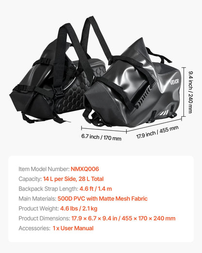 VEVOR Motorcycle Saddlebags, 28 L (14 L x 2) Large Capacity Side Saddle Bags Compatible with Most Motorcycles, Waterproof Outdoor Sports Motorbike Luggage Storage Shoulder Bag with Bottom Strap, Black - View 6