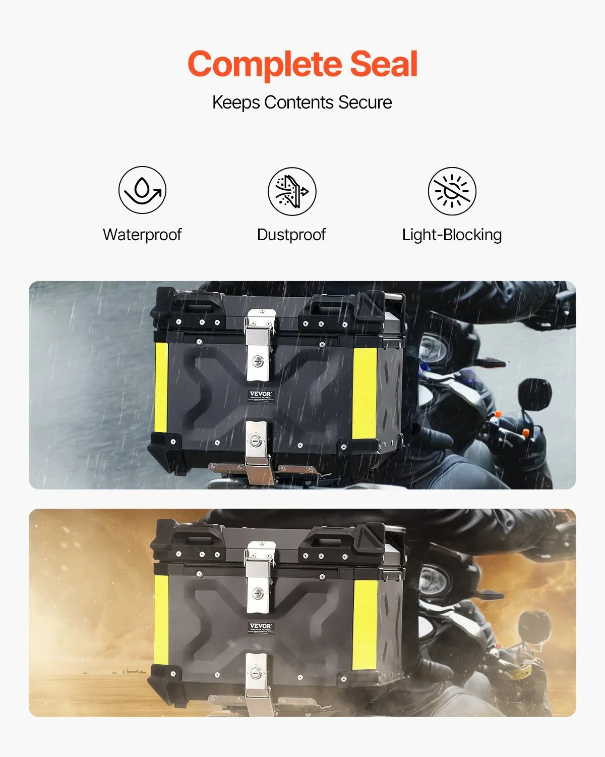 VEVOR Motorcycle Top Case, Universal Aluminum Alloy Motorbike Tail Box with Leather Lining, 55L Waterproof Detachable Motorcycle Top Box with Lock & Back Cushion, Fit for 99% of Motorcycle Frames - View 3
