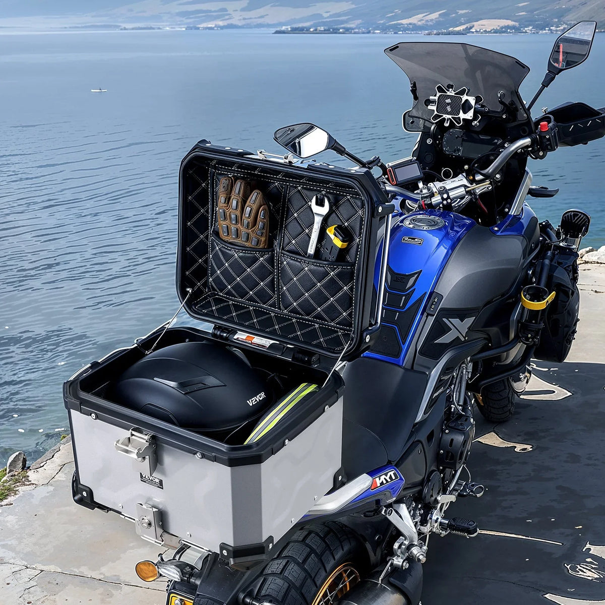 VEVOR Motorcycle Top Case, Universal Aluminum Alloy Motorbike Tail Box with Leather Lining, 45L Waterproof Detachable Motorcycle Top Box with Lock & Back Cushion, Fit for 99% of Motorcycle Frames - View 7