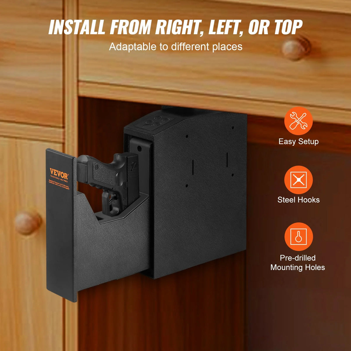 VEVOR Mounted Gun Safe for Pistols, Biometric Gun Safe with Three Quick Access Ways of Fingerprints, Passwords and Keys, Handgun Safe for 1 Pistol for Home, Bedside, Nightstand, Wall - View 6