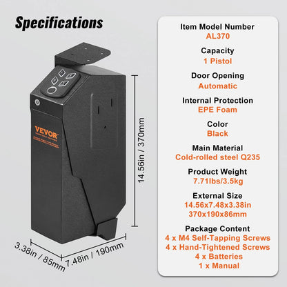 VEVOR Mounted Gun Safe for Pistols, Biometric Gun Safe with Three Quick Access Ways of Fingerprints, Passwords and Keys, Handgun Safe for 1 Pistol for Home, Bedside, Nightstand, Wall - View 6