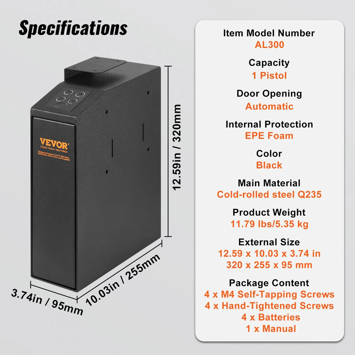 VEVOR Mounted Gun Safe for Pistols, Biometric Gun Safe with Three Quick Access Ways of Fingerprints, Passwords and Keys, Handgun Safe for 1 Pistol for Home, Bedside, Nightstand, Wall - View 7