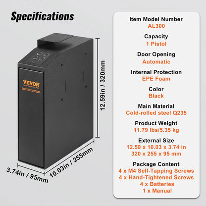 VEVOR Mounted Gun Safe for Pistols, Biometric Gun Safe with Three Quick Access Ways of Fingerprints, Passwords and Keys, Handgun Safe for 1 Pistol for Home, Bedside, Nightstand, Wall - View 7