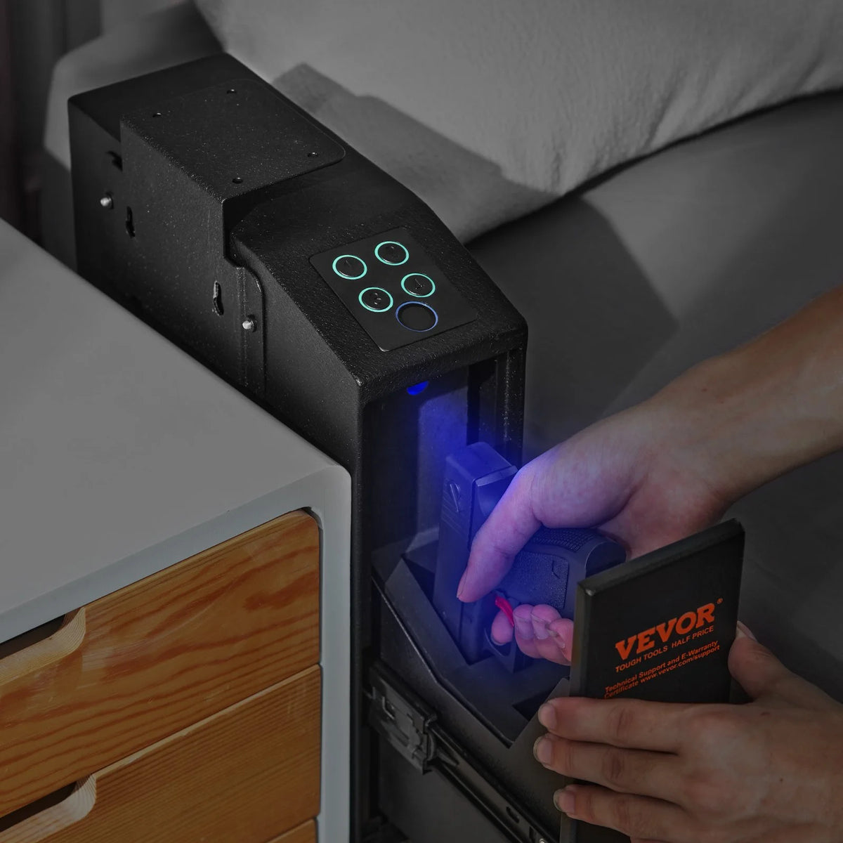 VEVOR Mounted Gun Safe for Pistols, Biometric Gun Safe with Three Quick Access Ways of Fingerprints, Passwords and Keys, Handgun Safe for 1 Pistol for Home, Bedside, Nightstand, Wall - View 8