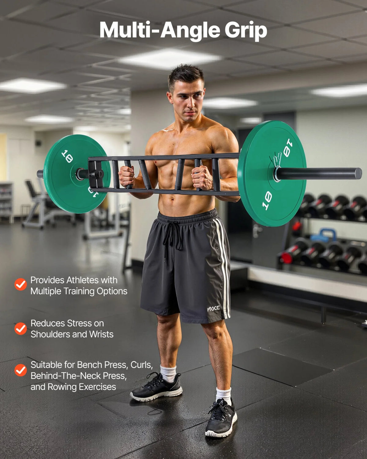 VEVOR Multi-Grip Barbell, 2-inch 3 Positions Swiss Bar, 550 LBS Capacity Heavy Duty Swiss Barbell Training Equipment, with 2 Collars and Knurled Grips, for Home Gym, Support Pressing, Lifting Curls - View 6
