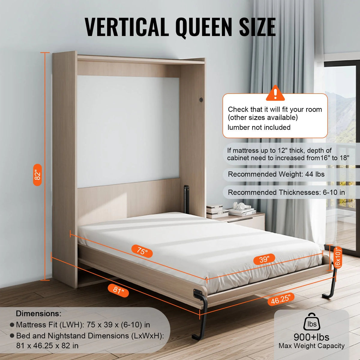 VEVOR Murphy Bed Kit, Twin Size, Vertical Deluxe DIY Wall Bed Mechanical Hardware Kit, Pneumatic Lever Heavy Duty Bed Frame Support, Folding Cabinet Wall Bed Space Saving Design for Guestroom - View 2