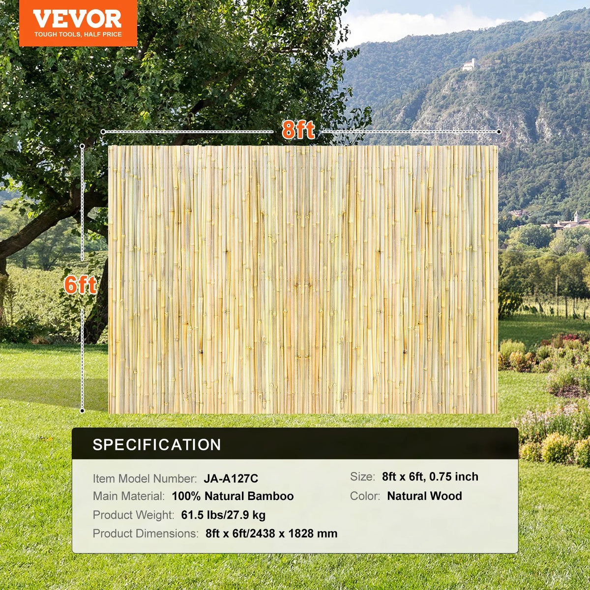 VEVOR Natural Rolled Bamboo Fence, Eco-Friendly Bamboo Privacy Fence 6 ft H x 8 ft L x 0.75 in D. , Decorative Bamboo Privacy Screen for Garden, Backyard, Balcony, Patio, Pool Side - View 7