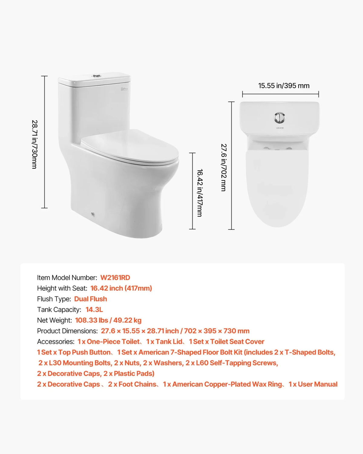 VEVOR One-Piece Toilet, Elongated Toilet Vortex Dual-Flush 1.0/1.28 GPF, Toilets for Bathroom with Comfortable Chair Seat, Standard Height, 12 inch Rough-In, White + Silver, Easy-Clean Skirted Design - View 6
